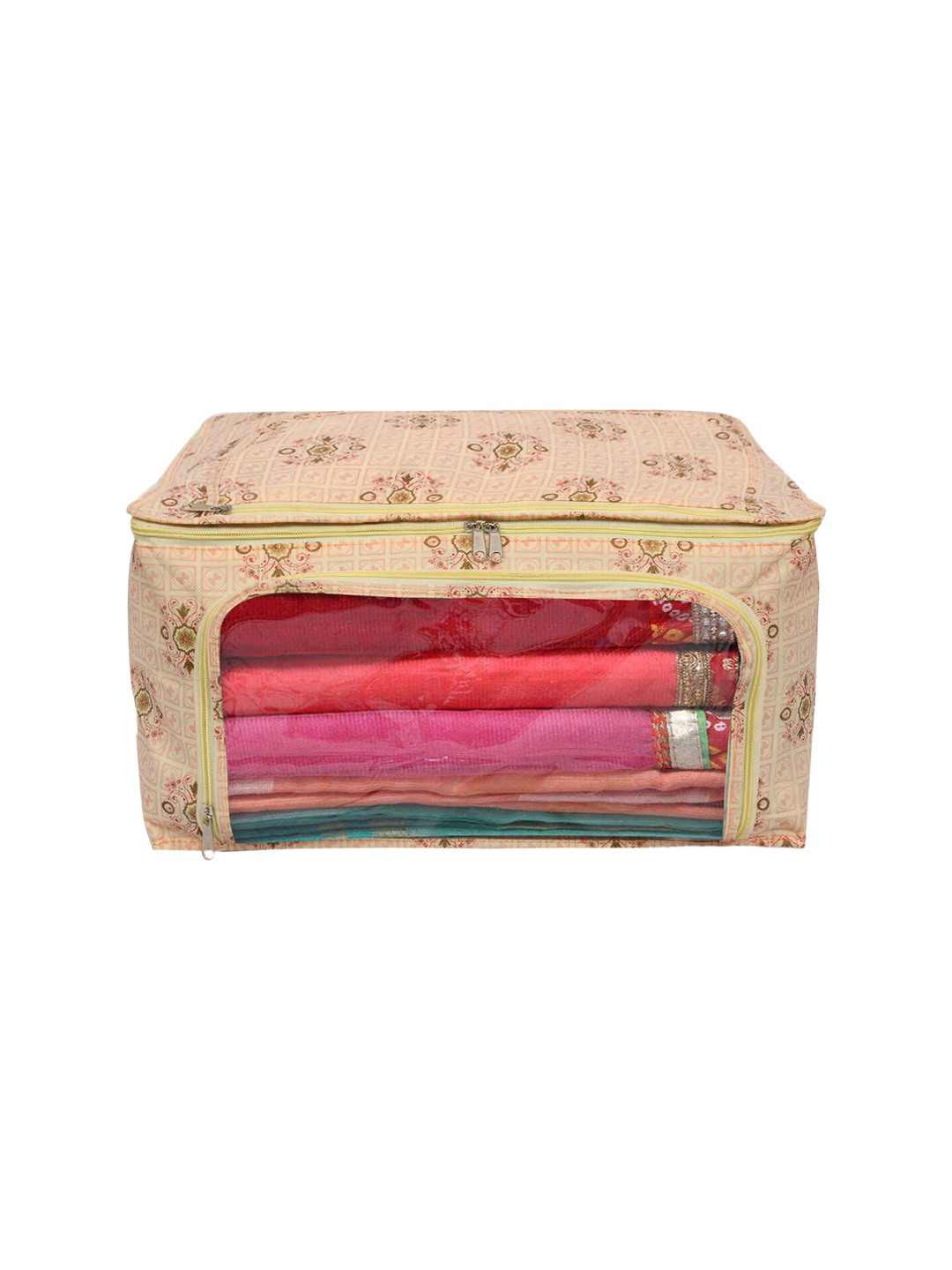 Kuber Industries Beige & Pink Floral Printed Saree Organiser With Large Pocket