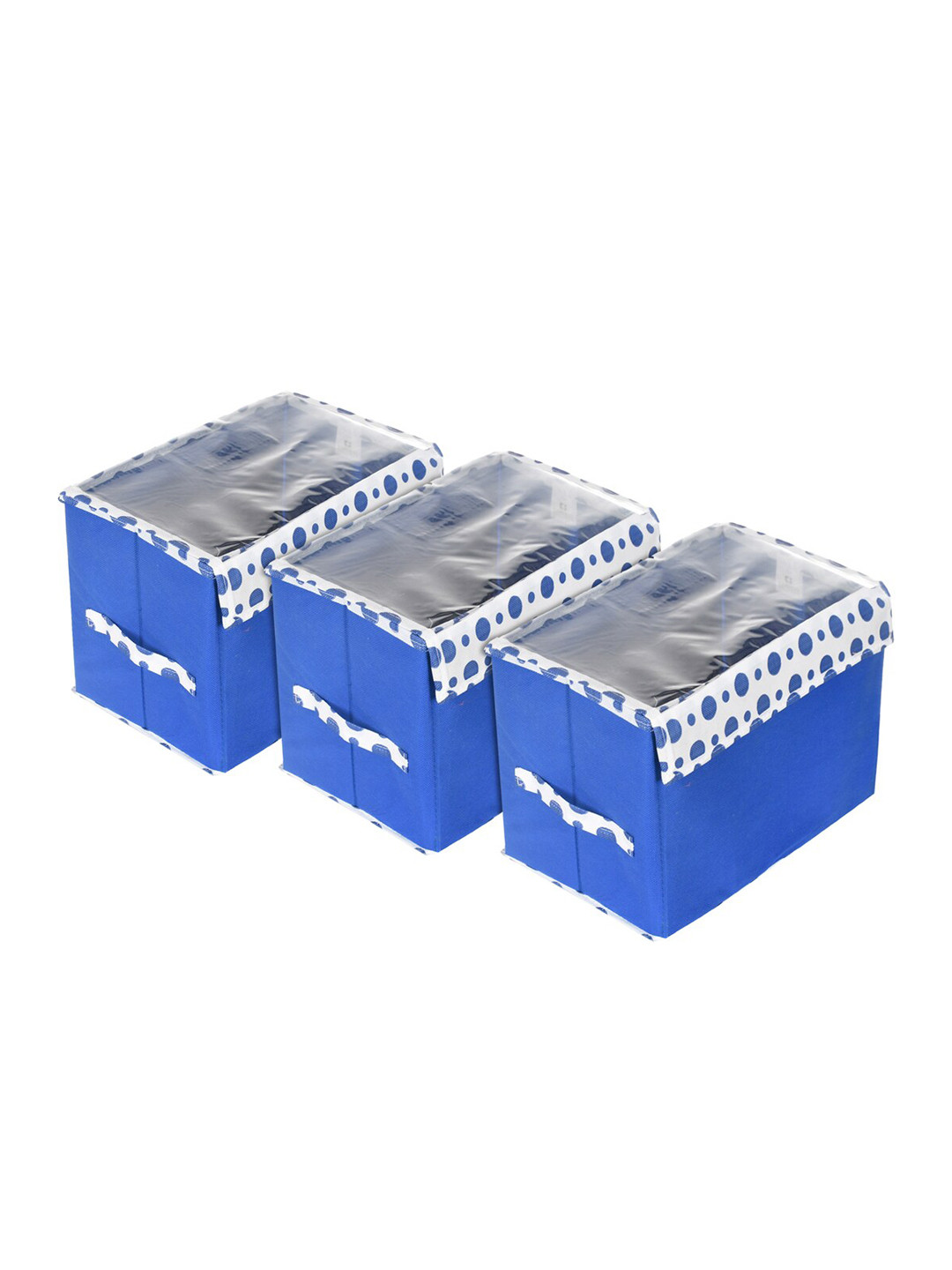 Kuber Industries 3Pcs Blue & White Foldable storage Boxes With Transparent Lid & Handle
