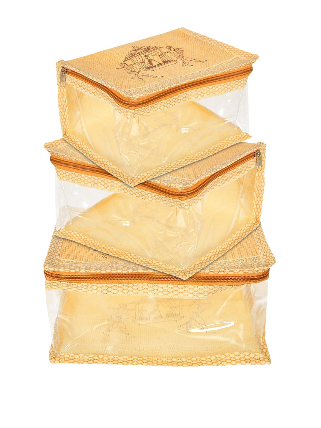 Kuber Industries Gold Toned 3 Pcs Doli Printed Non-Woven Jewellery Organizer