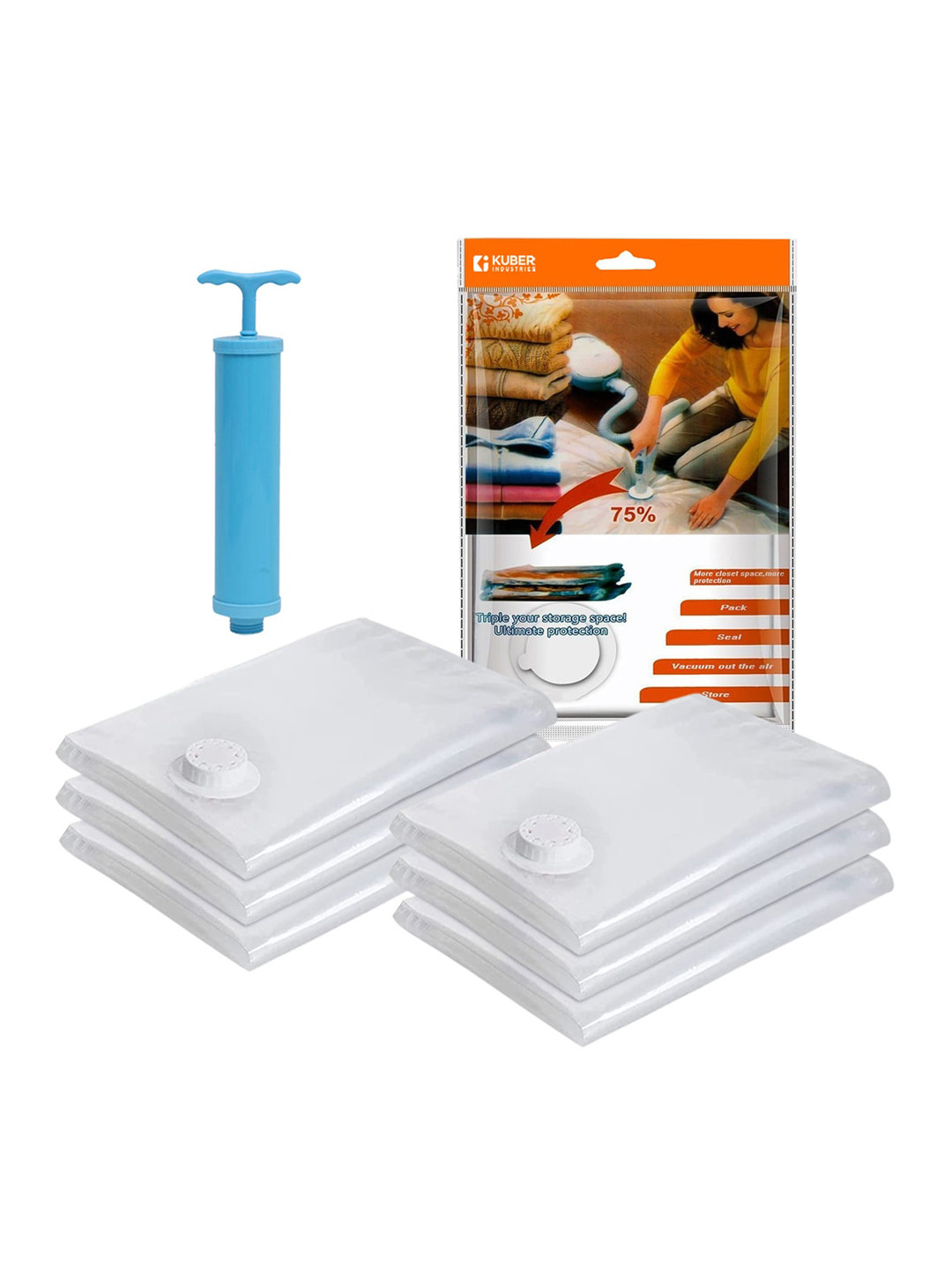 Kuber Industries Transparent 6 Pcs Vacuum Storage Bags With Hand Pump ,70x100 cm