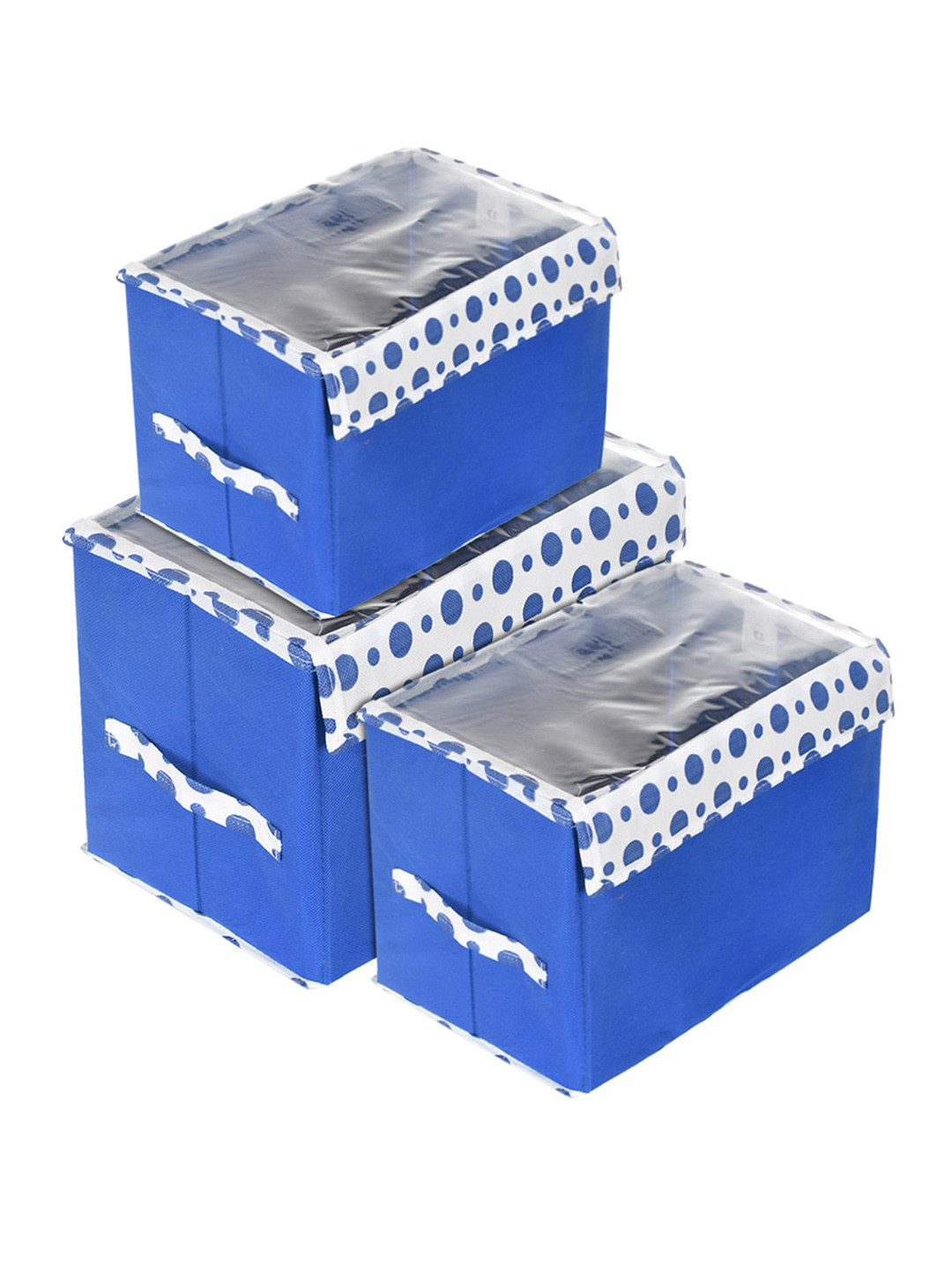 Kuber Industries Blue & White 3 Pcs Printed Storage Organiser With Lid & Handle