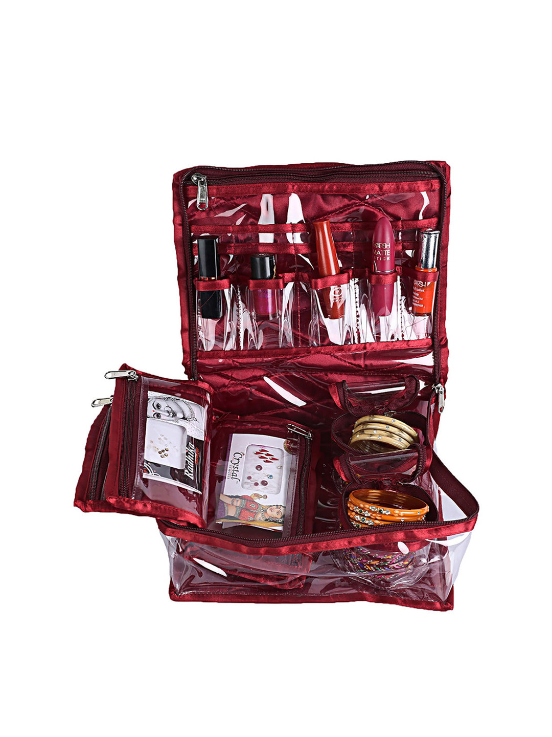 Kuber Industries Maroon Printed PVC Laminated Portable Jewellery Organizer With 4 Pouches