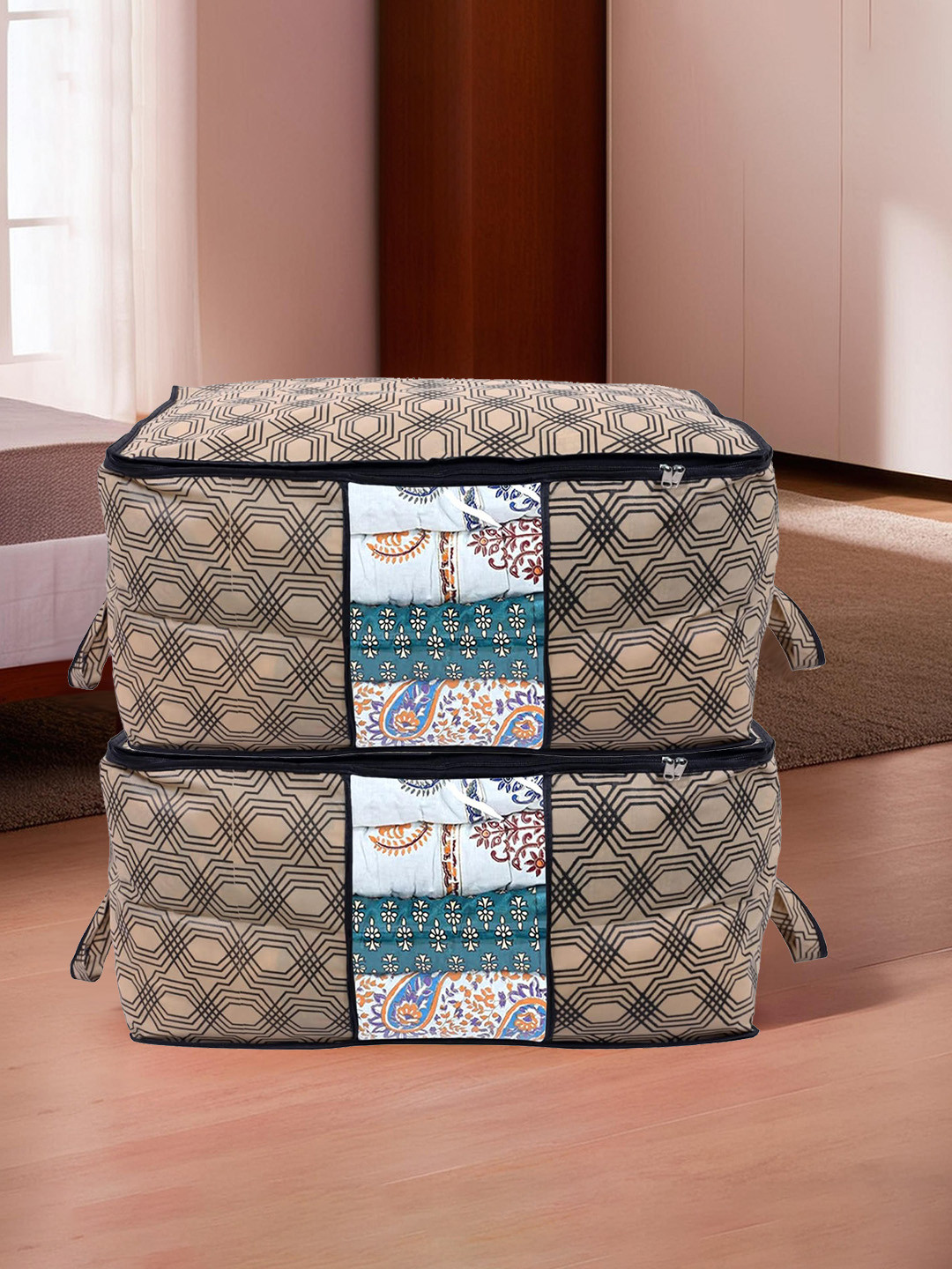 Kuber Industries 2 Pcs Beige & Black Honeycomb Design Foldable Underbed Organizers