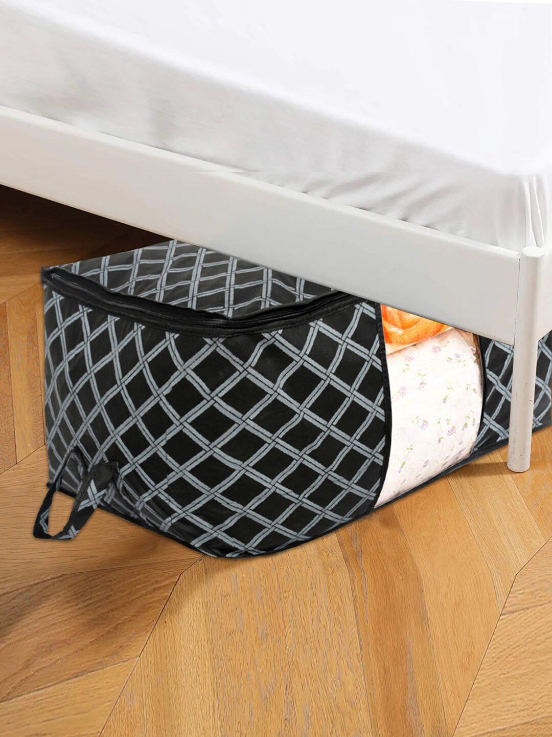 Kuber Industries Black & Grey 2 Pcs Checked Non Woven Underbed Storage Bags