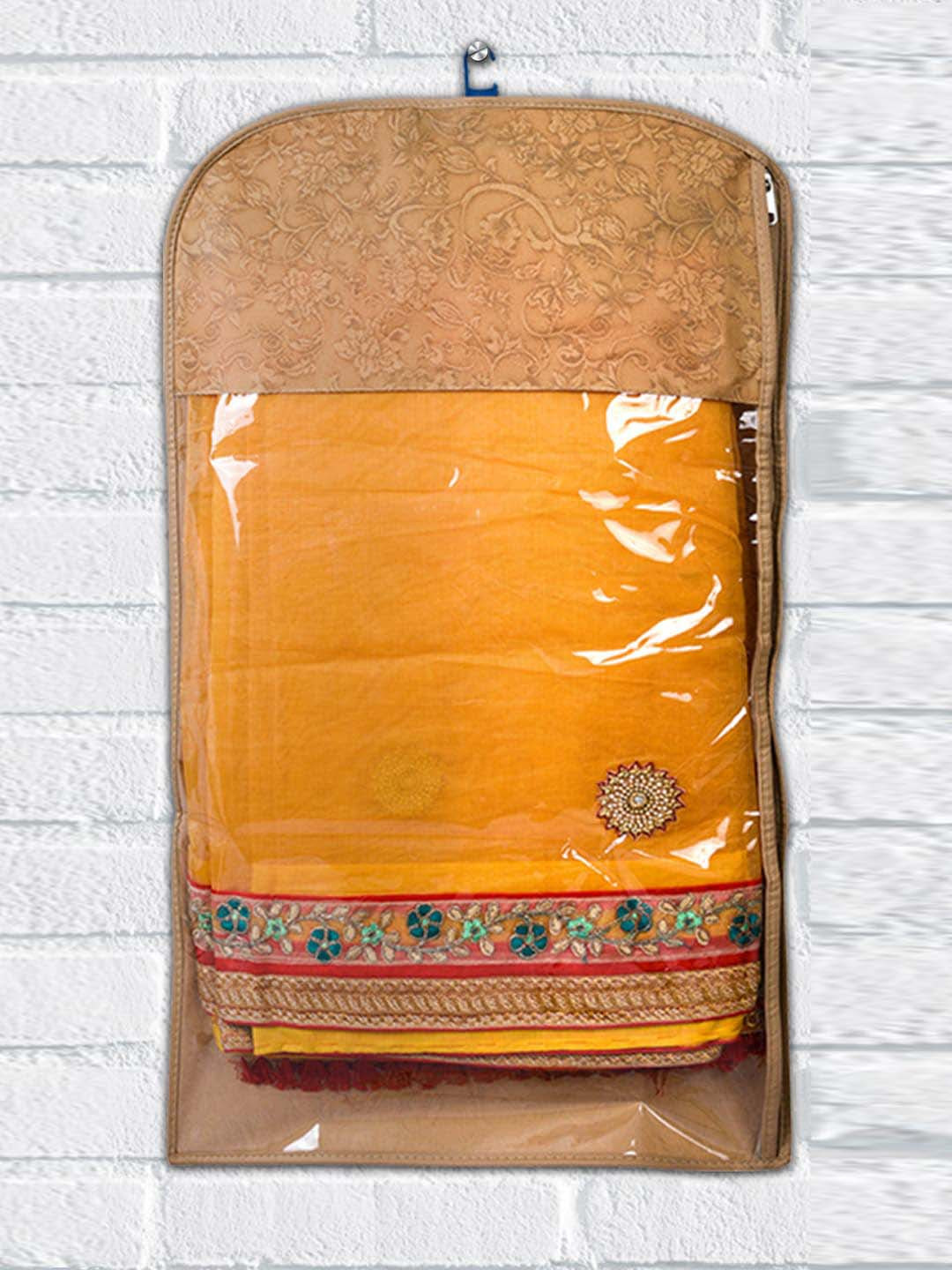 Kuber Industries Beige 9 Pcs Printed Waterproof Hanging Saree Cover Organisers