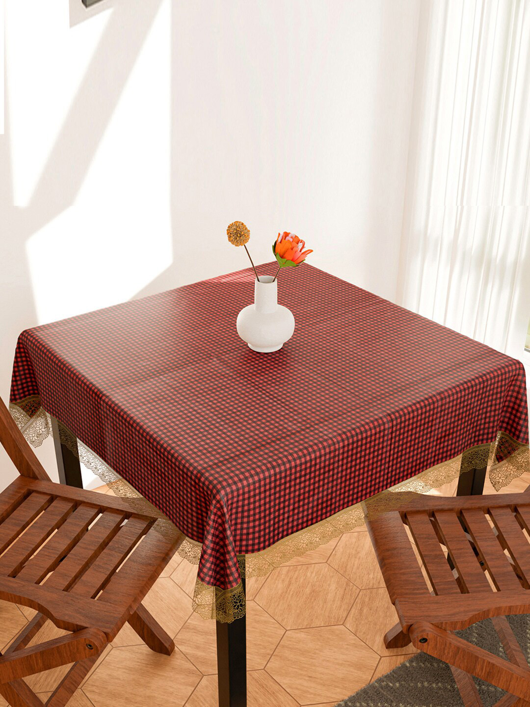 Kuber Industries Red & Black Checked Square 4-Seater Waterproof Table Cover