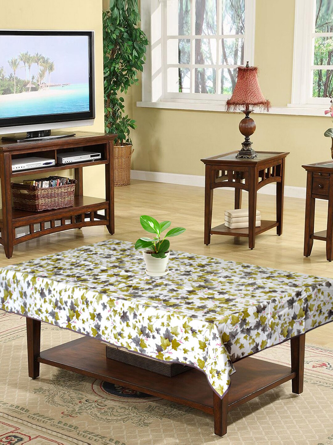 Kuber Industries White & Green Leaves Printed 4-Seater Table Cover