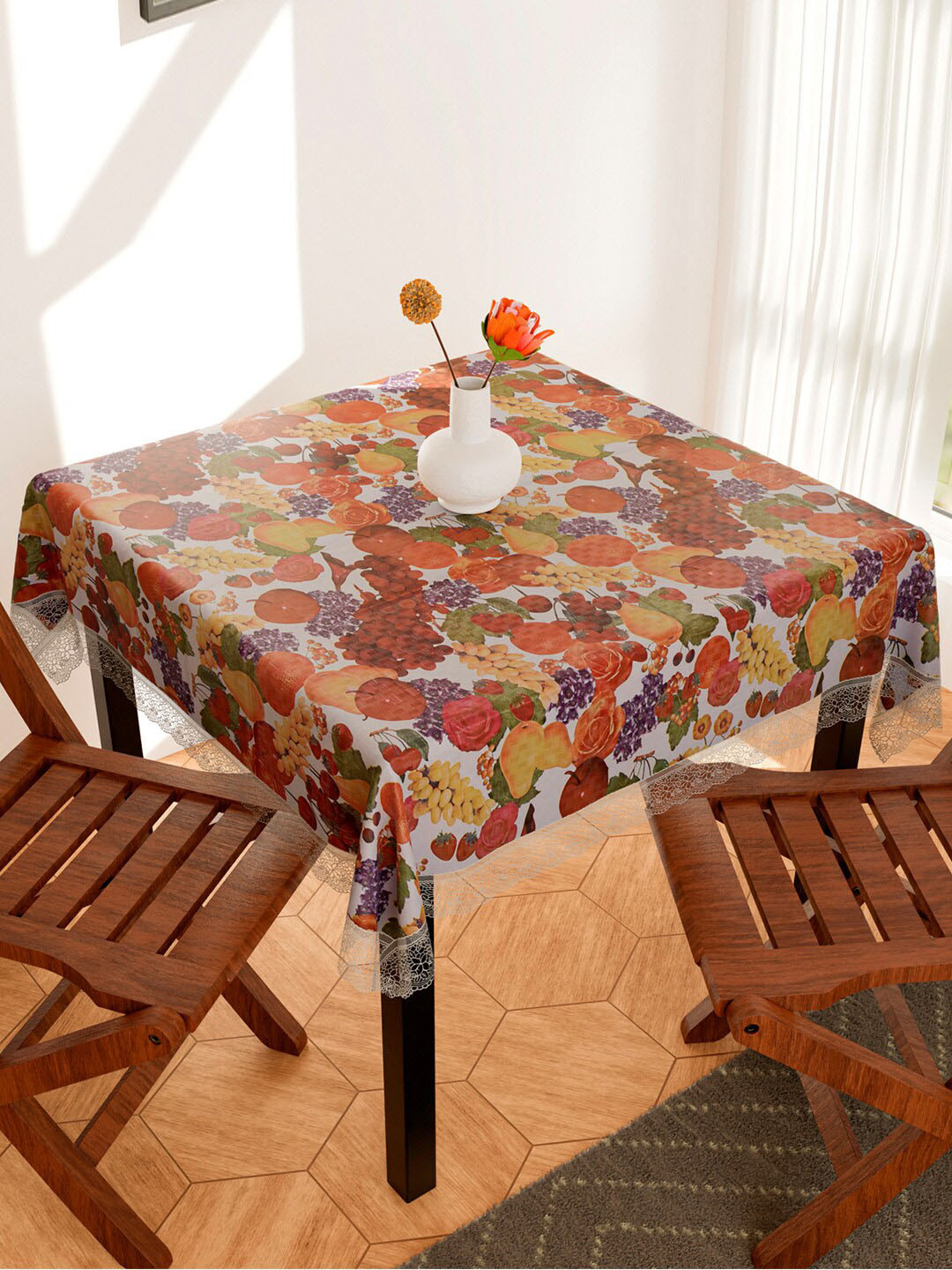 Kuber Industries White & Red Printed PVC Waterproof 4 Seater Table Cover