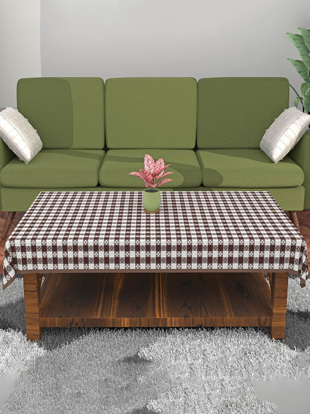 Kuber Industries Brown & White Floral Printed PVC Waterproof 4 Seater Square Table Cover