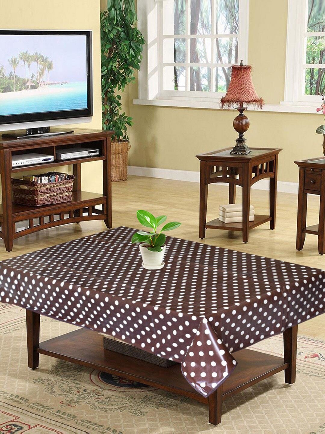 Kuber Industries Brown Dot Printed Reversable 4-Seater Rectangular Table Covers