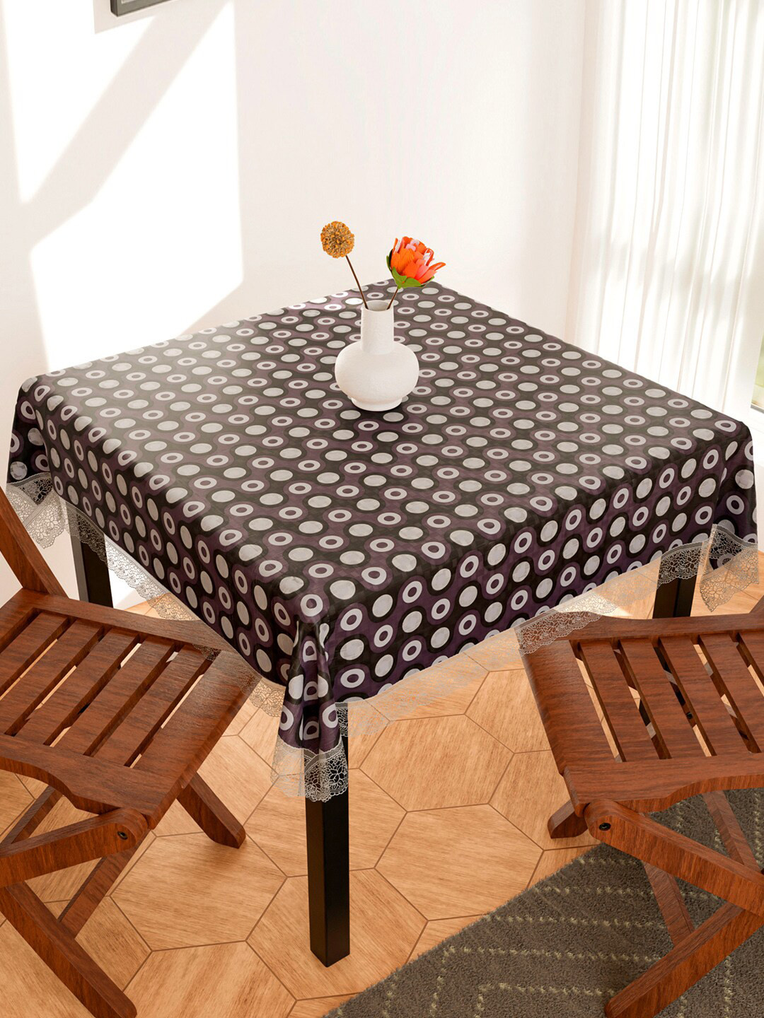 Kuber Industries Purple & White Printed PVC Waterproof 4 Seater Square Table Cover