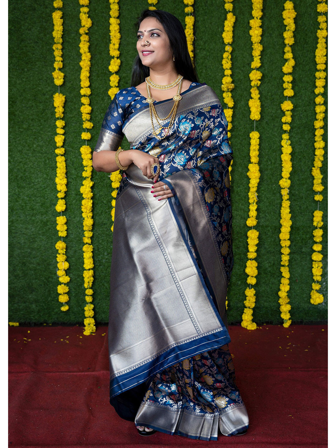 Anaita Navy Floral Motif  Woven Design Zari Banarasi Saree