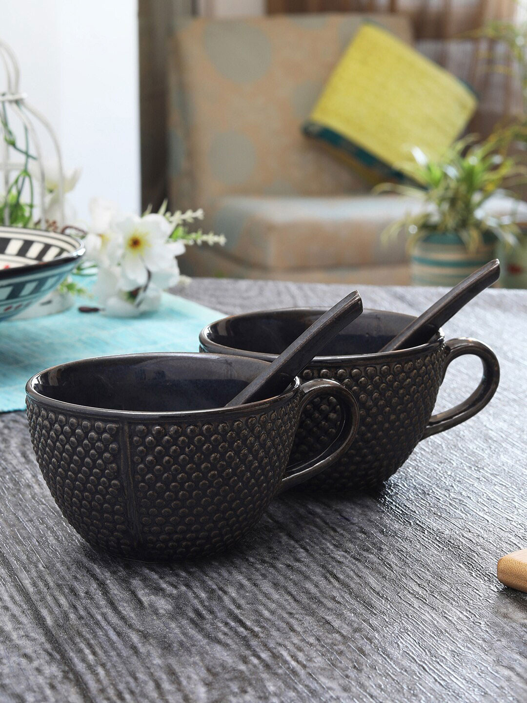 Miah Decor Pack of 2 Stoneware Handcrafted Dotted Surface Pattern Ceramic Soup Bowls