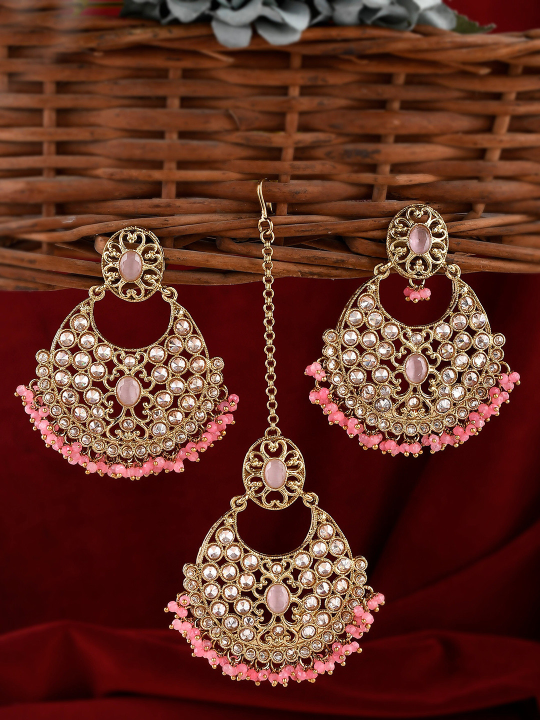 AQUASTREET JEWELS Gold-Plated AD Stone Studded Maang Tikka & Earrings Set