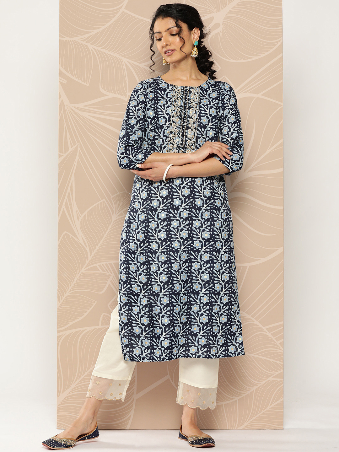 Varanga Women Navy Blue & Grey Floral Printed Indie Prints Kurta