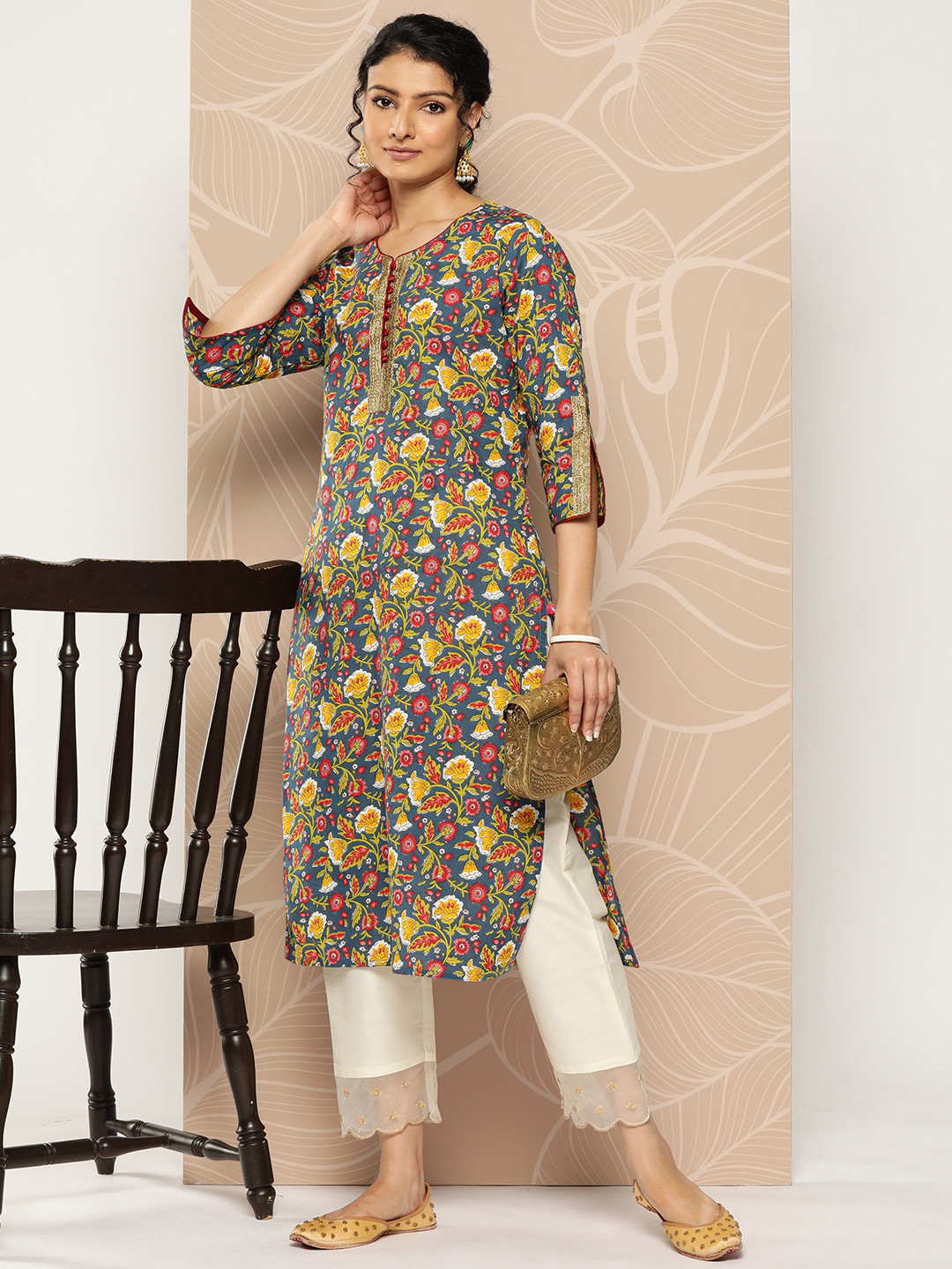 Varanga Women Navy Blue & Yellow Floral Printed Gotta Patti Kurta
