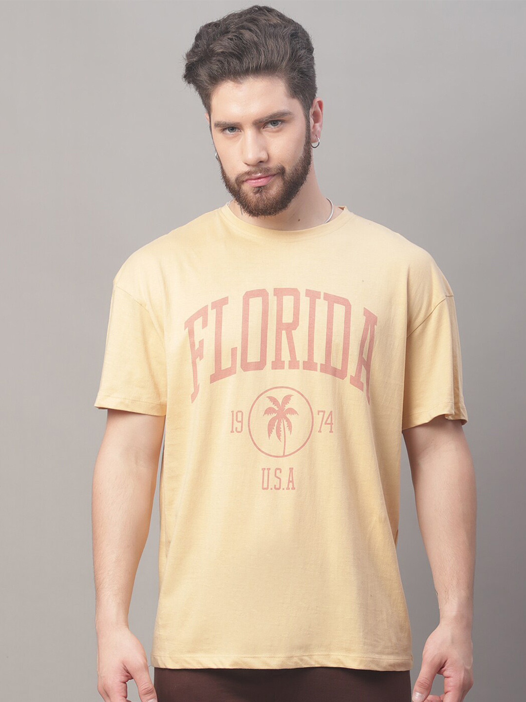 DOOR74 Men Beige Raw Edge Oversize T-shirt