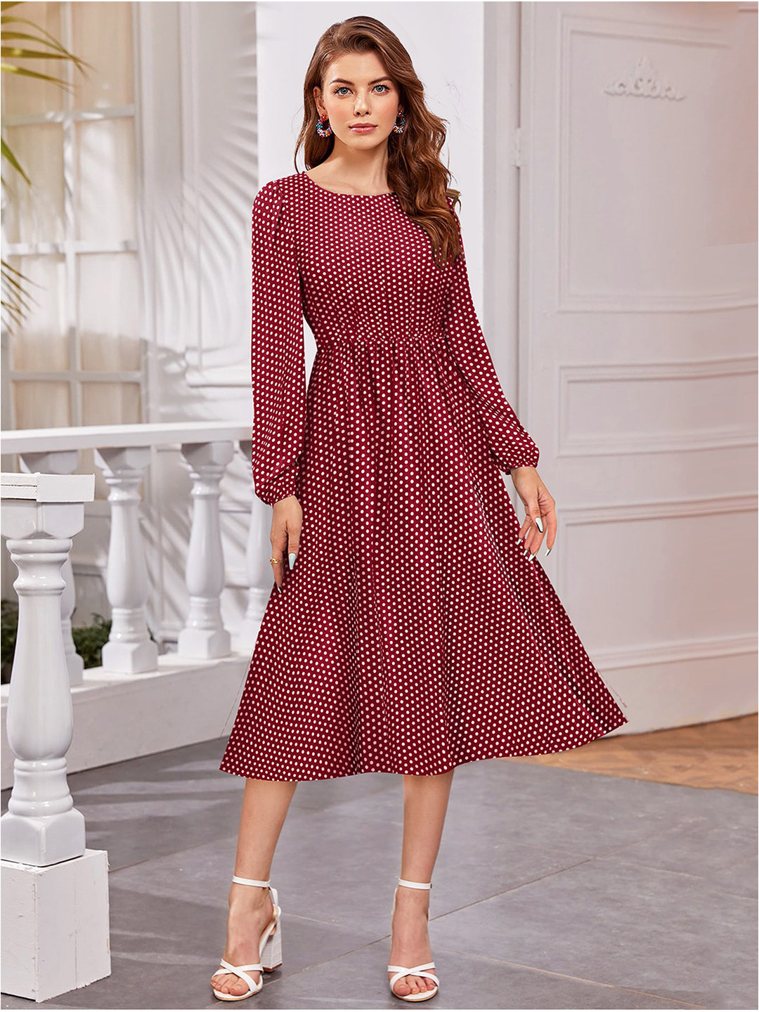 KERI PERRY Maroon Crepe A-Line Midi Dress