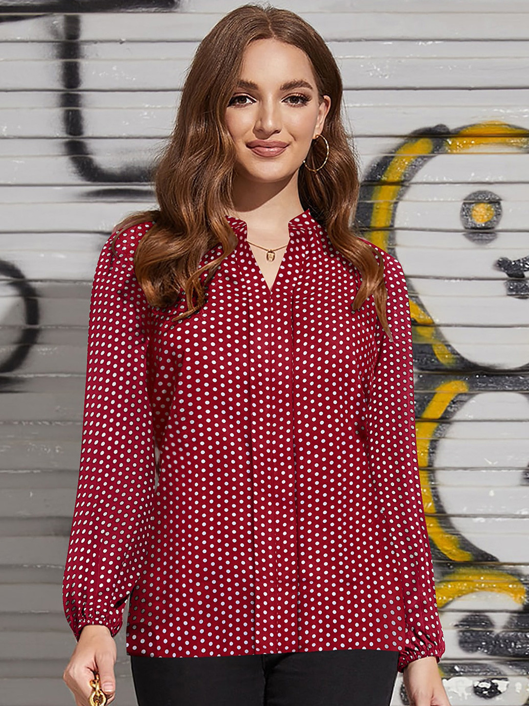 KERI PERRY Polka Dots Printed Mandarin Collar Shirt Style Top