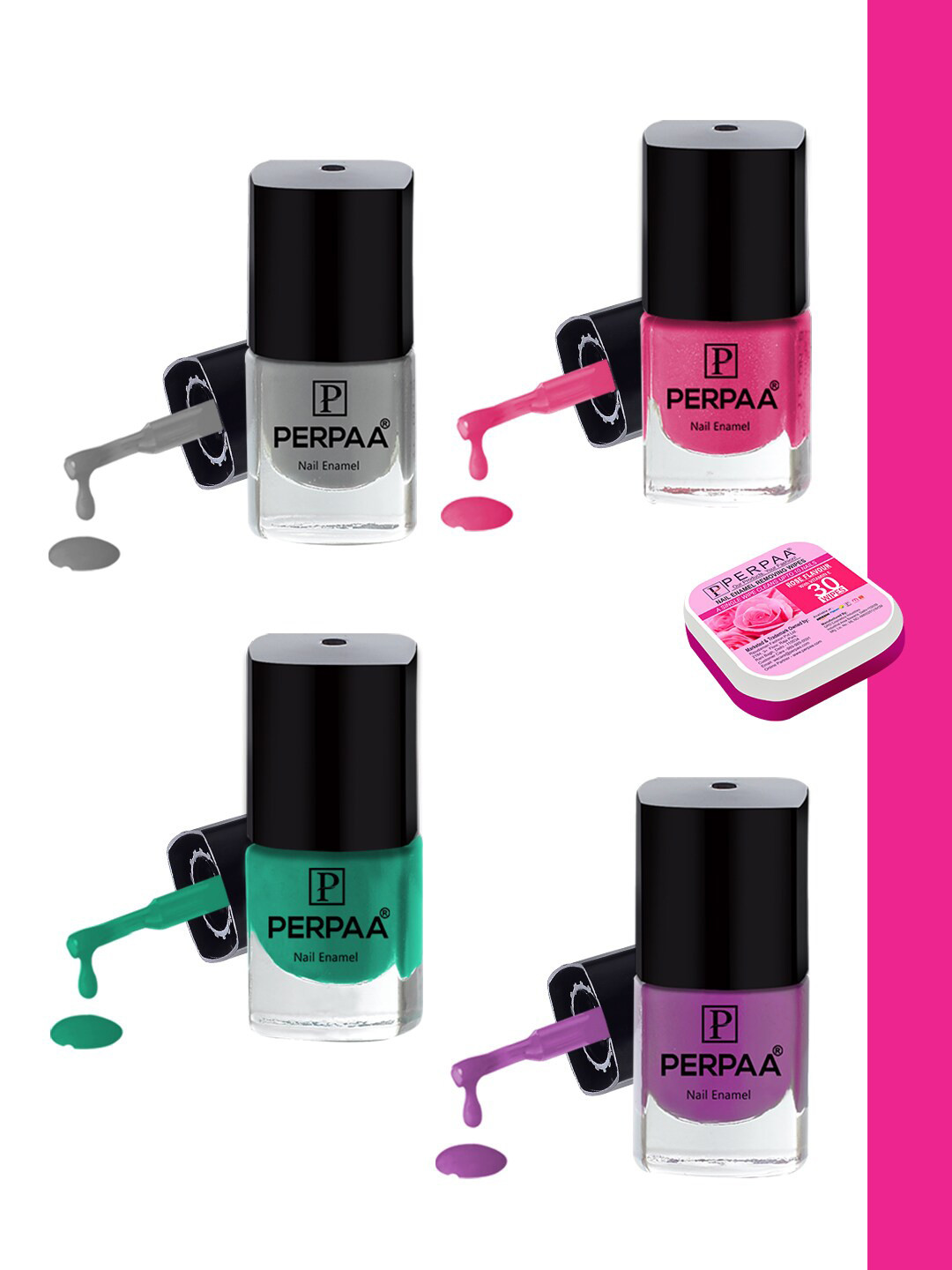 PERPAA Set of Nail Enamel Removing Wipes & 4 High-Shine Long Lasting Nail Polish 5 ml Each