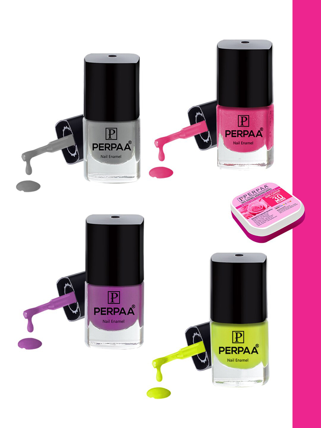PERPAA Set of Nail Enamel Removing Wipes & 4 High-Shine Long Lasting Nail Polish 5 ml Each