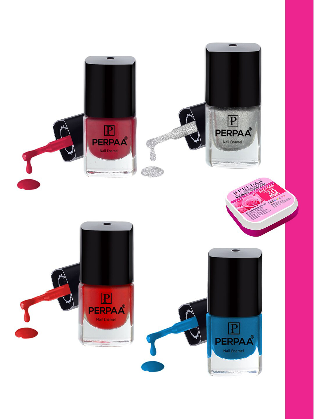 PERPAA Set of Nail Enamel Removing Wipes & 4 High-Shine Long Lasting Nail Polish 5 ml Each