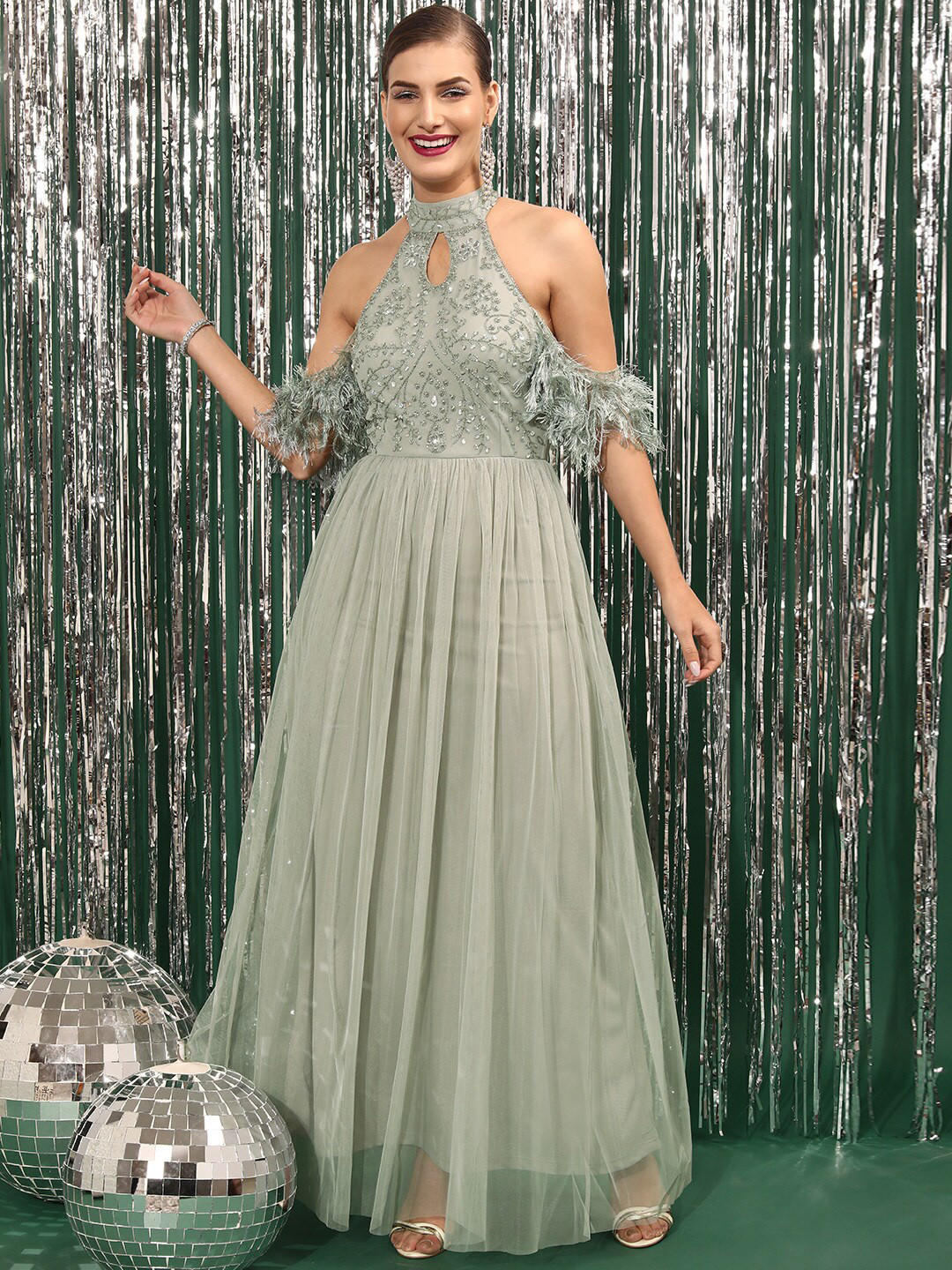 STREET 9 Embellished Choker Neck Cold-Shoulder Sleeves Net A-Line Dress