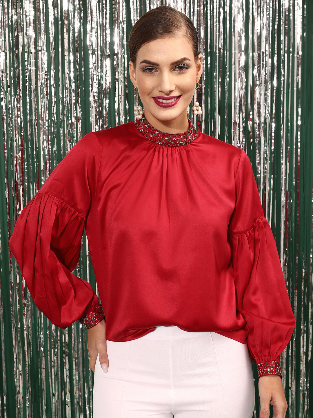 STREET 9 Jewel neck Puffed Sleeves Satin Top