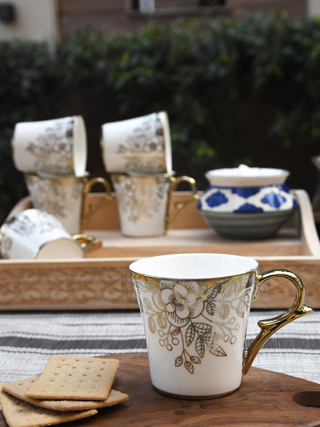 Femora Rakshabandhan Gift White Floral Bone China Handmade 6 Piece Cups-160ml