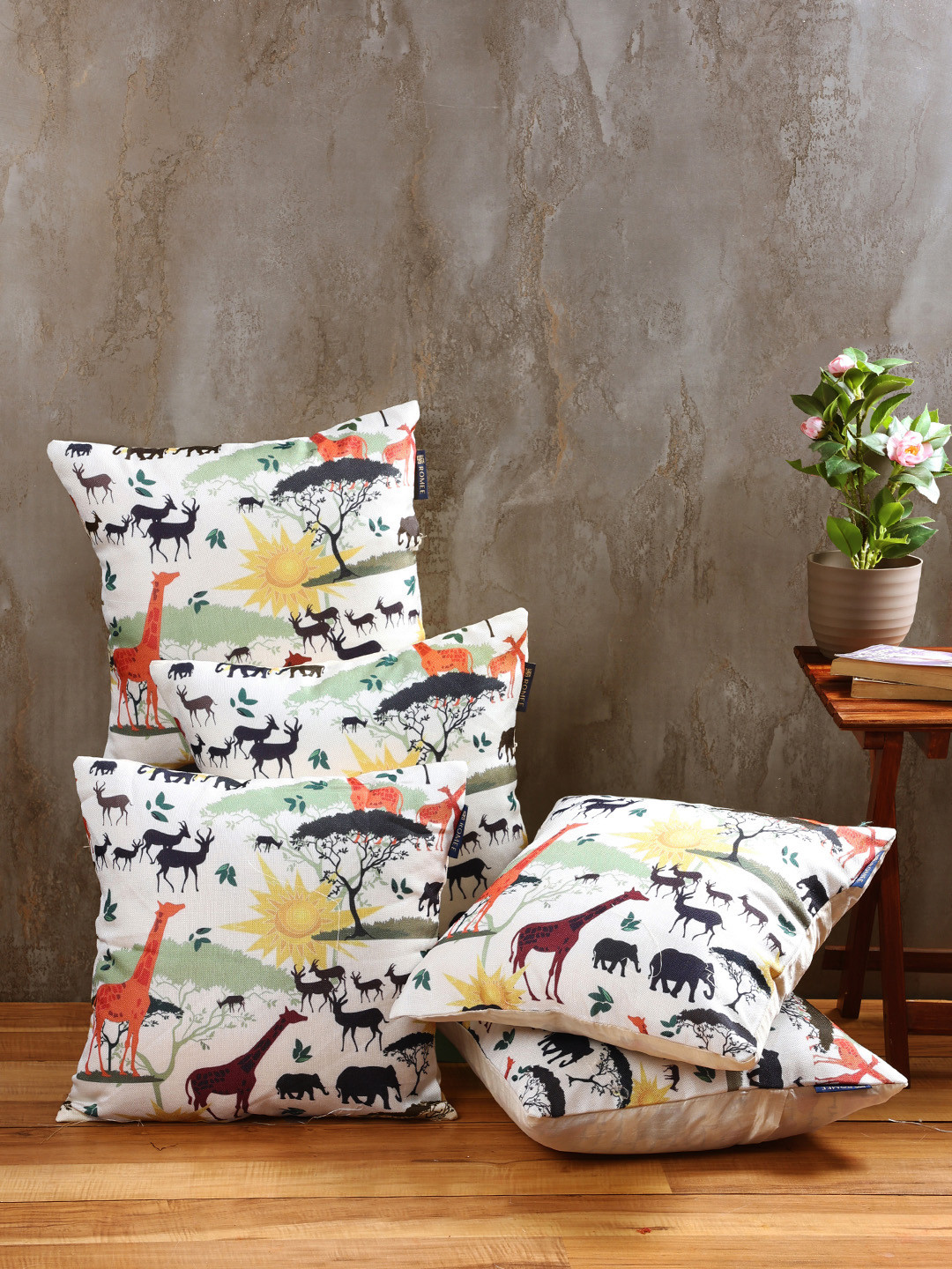 ROMEE Animal Print Conversational Jute Washable 5 Piece Square Cushion Covers - 16x16In