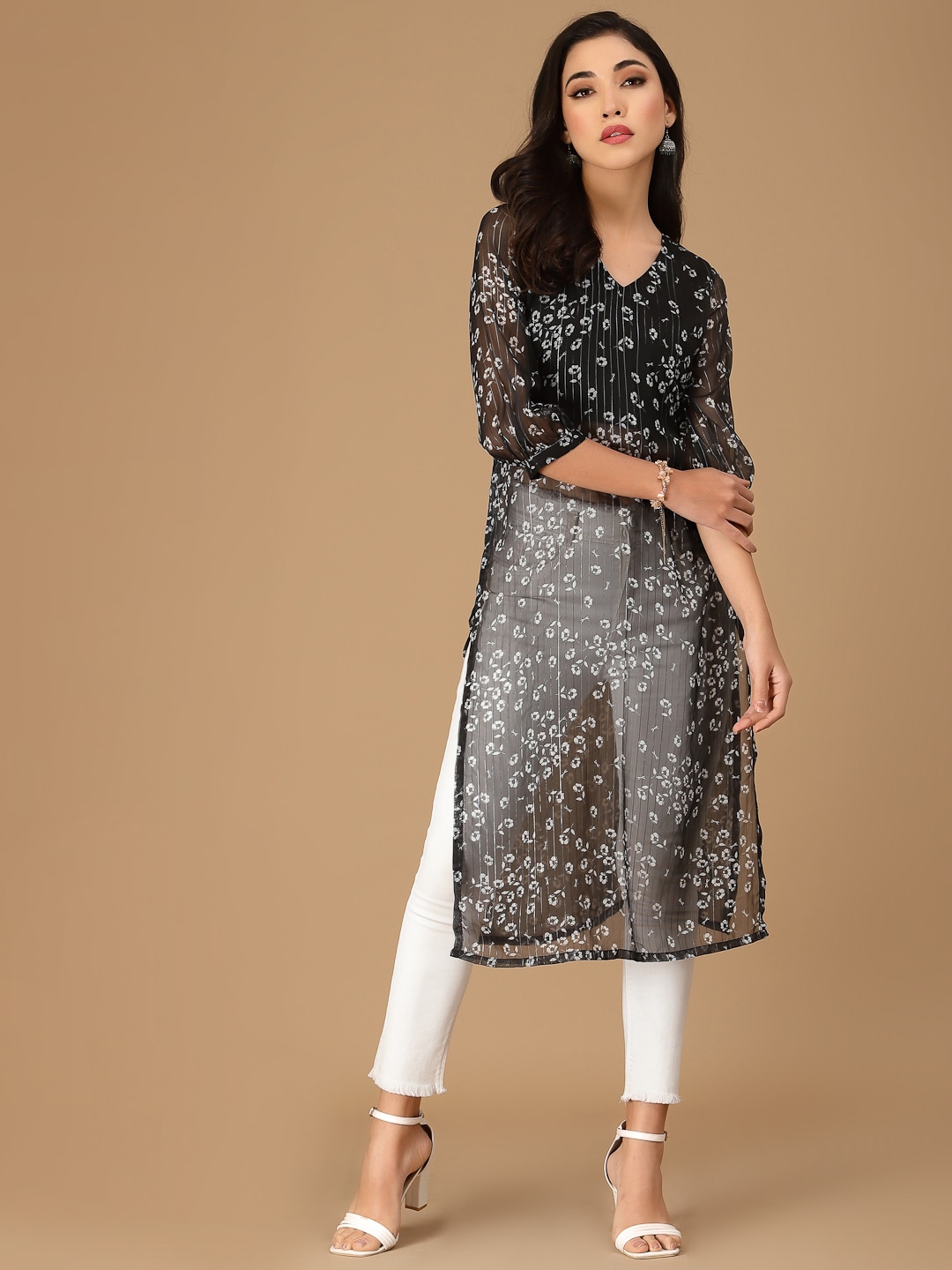 KALINI Floral Printed V Neck Puff Sleeves Kurta - Kurtas for Women 22092618 | Myntra