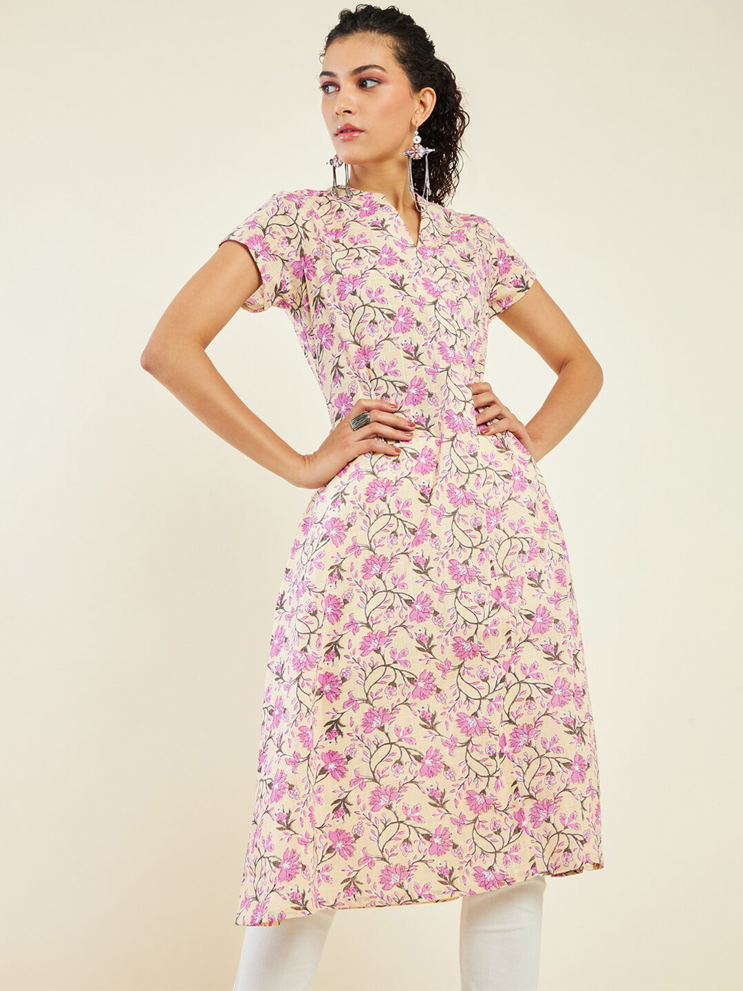 Soch Cap Sleeves V-Neck Floral Printed A-Line Cotton Kurta