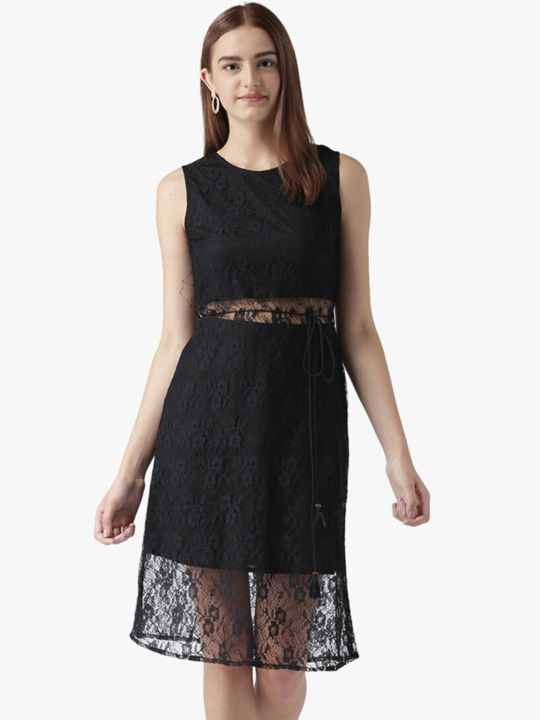 DODO & MOA Floral Lace Semi Sheer Sheath Dress With Waist Tie-Ups