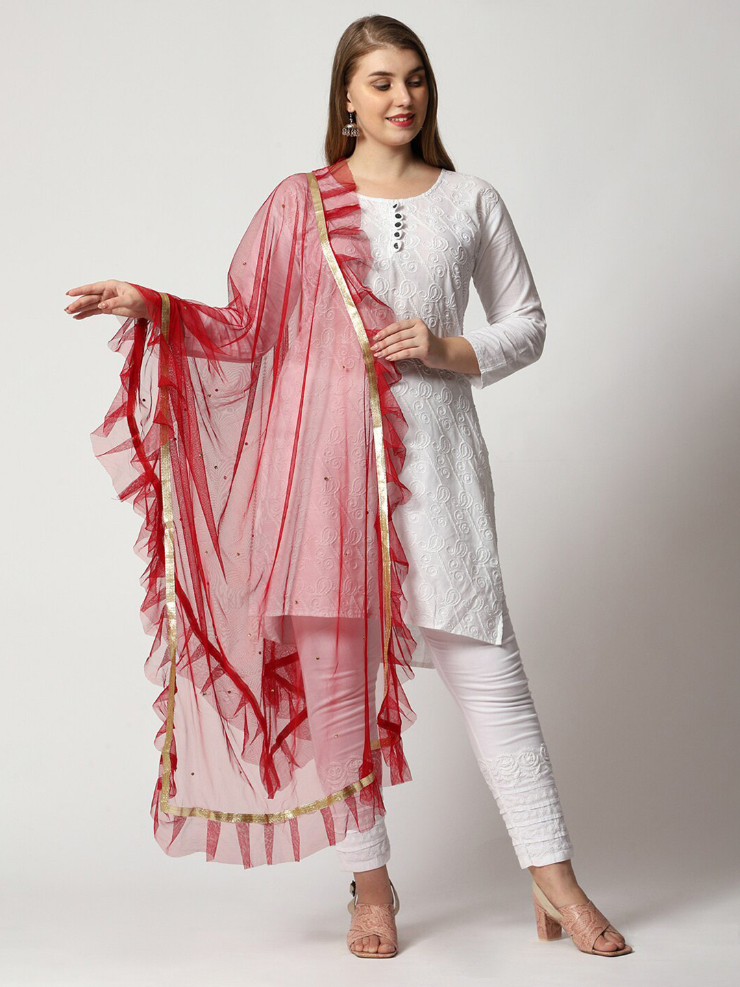 WEAVERS VILLA Embellished Beads & Stones Net Dupatta