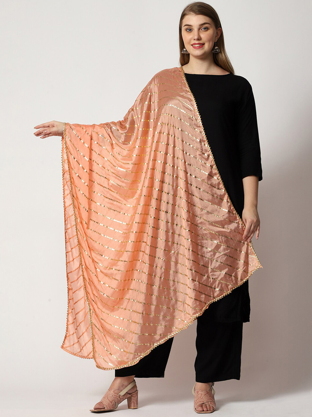 WEAVERS VILLA Striped Cotton Silk Gotta Patti Dupatta