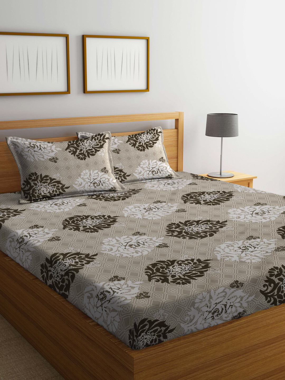 KLOTTHE Primrose Luxury Beige Floral Polycotton 300 TC King Fine Bedsheet with 2 Pillow Covers-98 x 89 inches