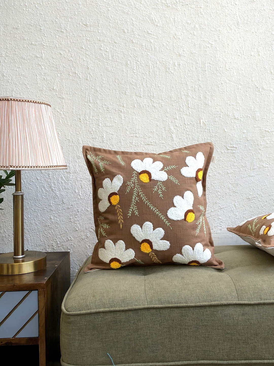 JASMEY HOMES madhuban Brown & White Embroidered Cotton Square Cushion Cover