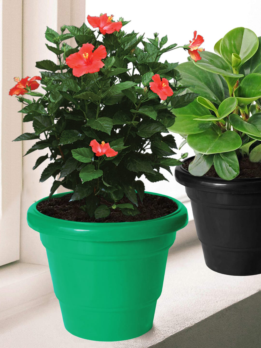 Kuber Industries Green & Black 3 Pcs Plastic Flower Pot Gamla For Home Decor