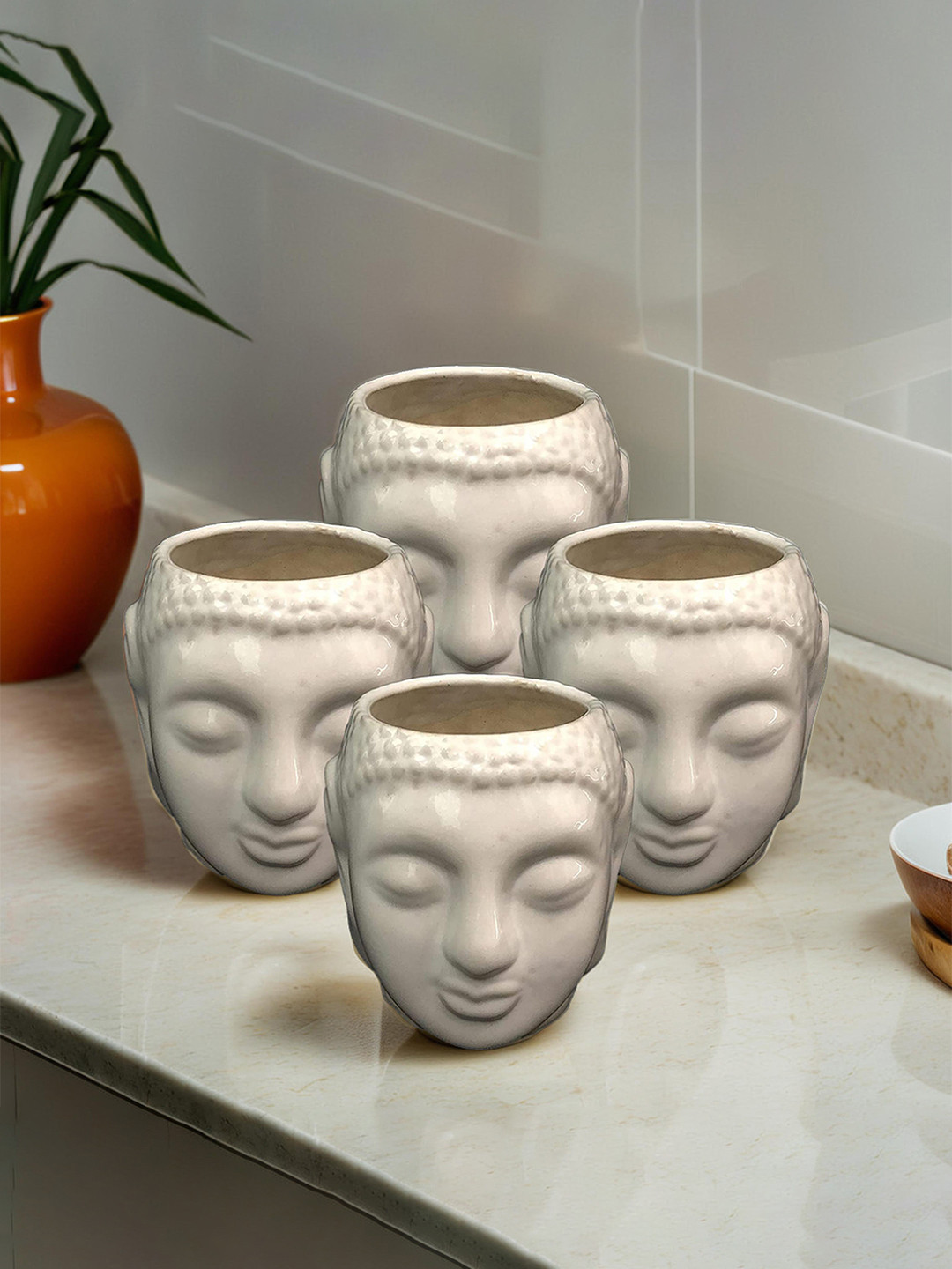Kuber Industries White 4 Pieces Buddha Head Shape Flower Planters