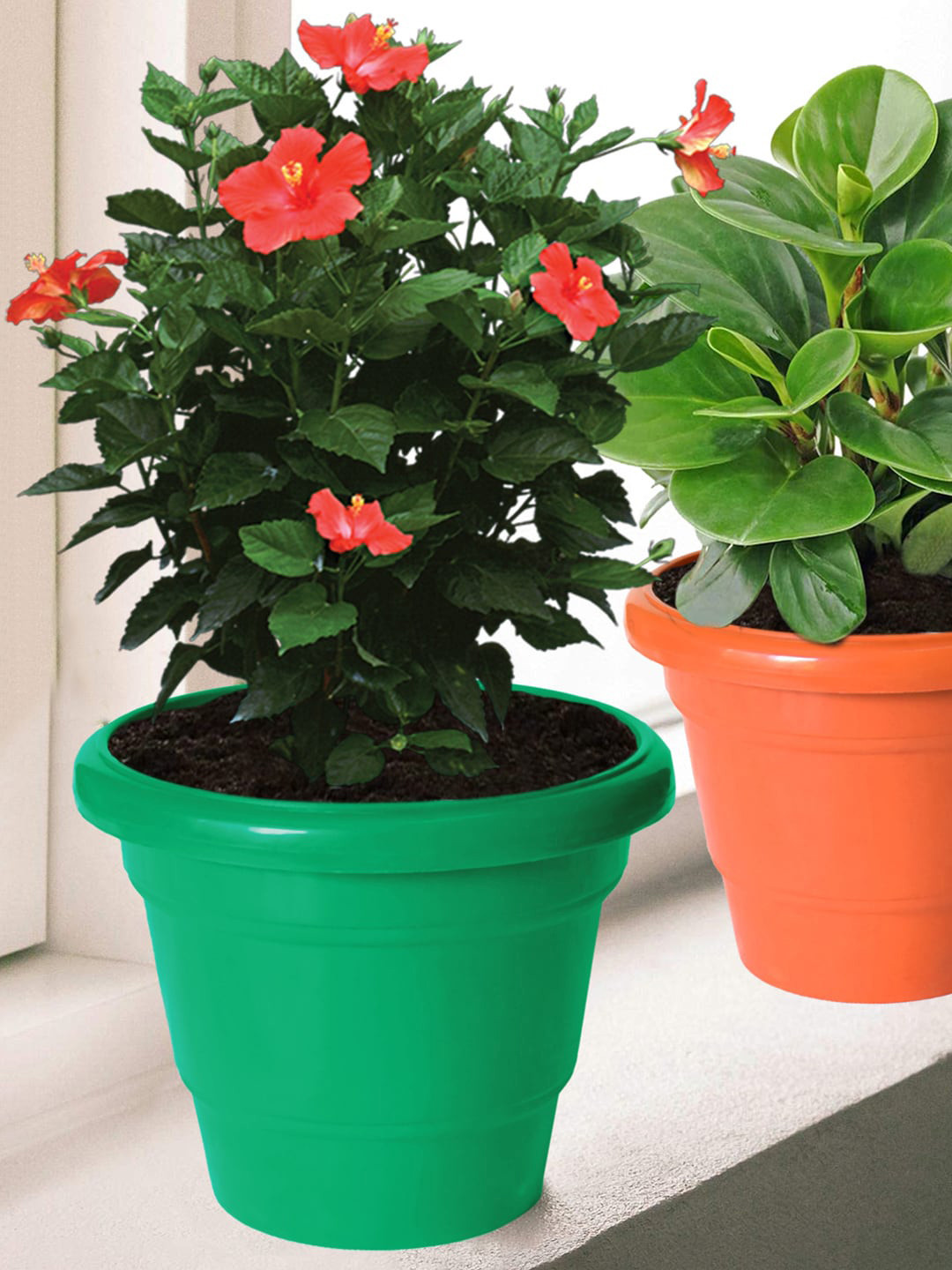 Kuber Industries Orange & Green 3 Pcs 2 Layered Planters