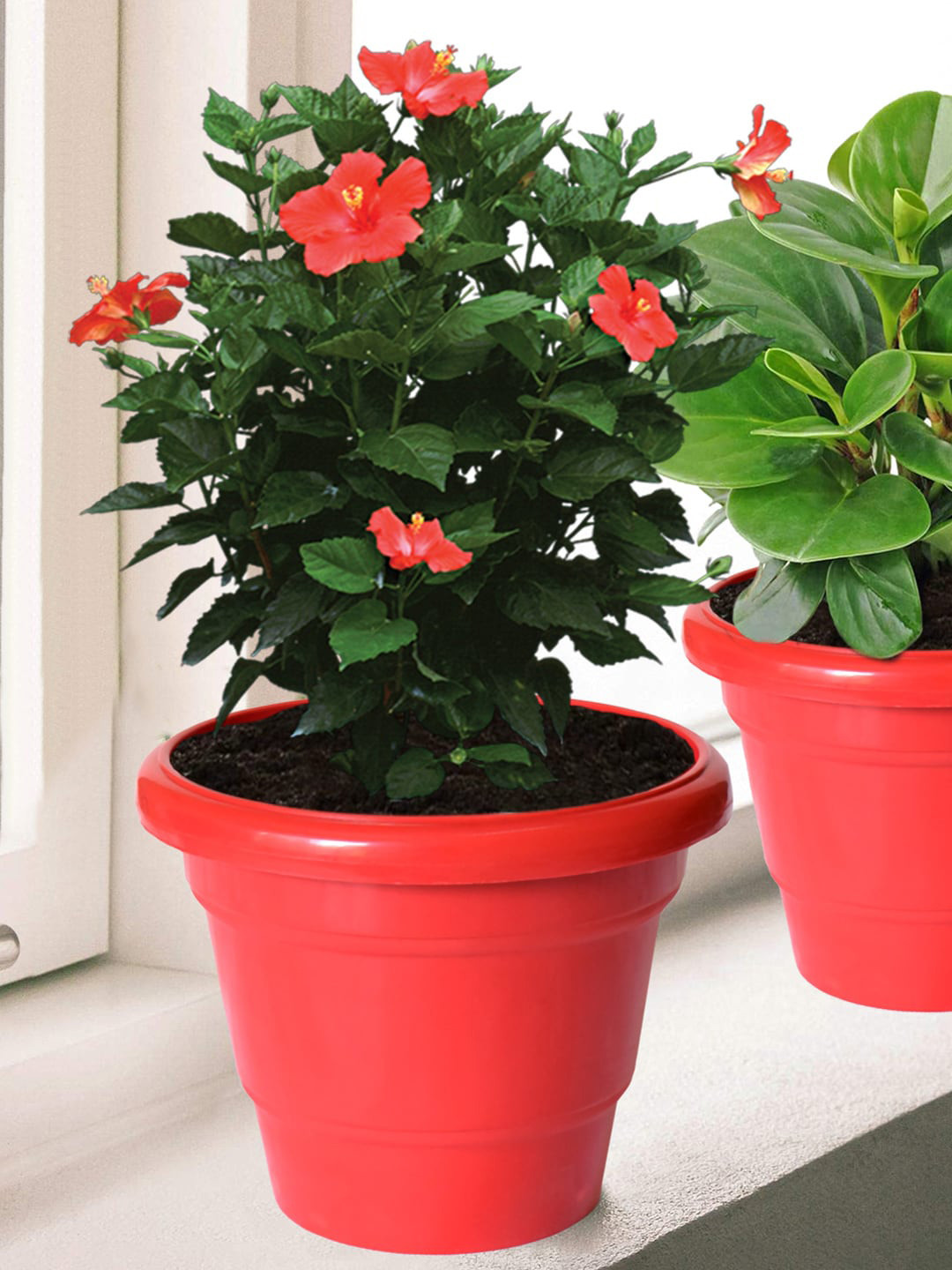 Kuber Industries Red 3 Pcs 2 Layered Plastic Flower Pot Gamla For Home Decor