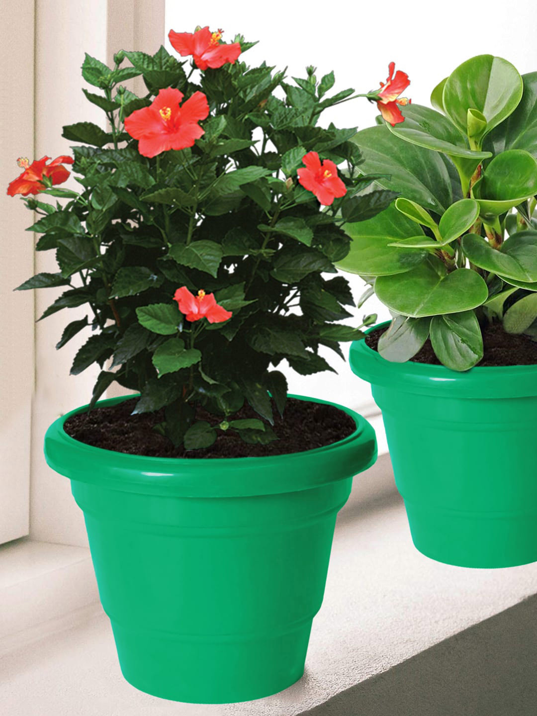 Kuber Industries Green 3 Pieces 2 Layered Plastic Flower Pot Gamla for Home Decor