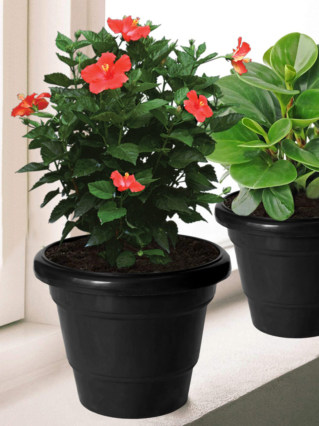 Kuber Industries Black 5 Pcs 2 Layered Plastic Flower Pot Gamla For Home Decor