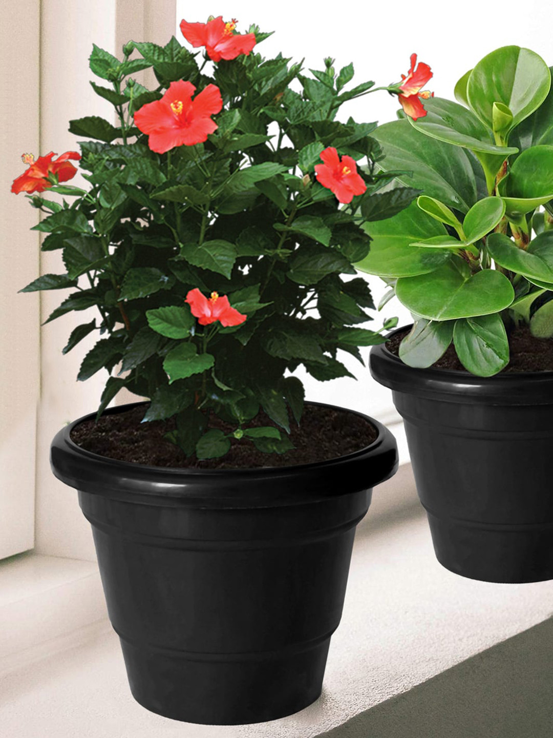 Kuber Industries Black 4 Pcs 2 Layered Plastic Flower Pot Gamla For Home Decor