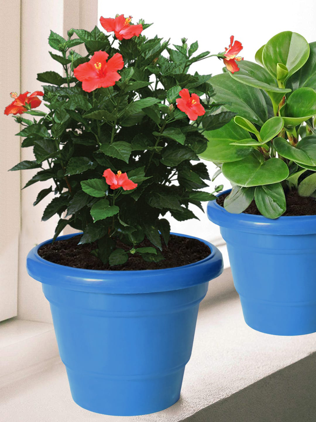 Kuber Industries Blue 4 Pcs 2 Layered Plastic Flower Pot Gamla For Home Decor