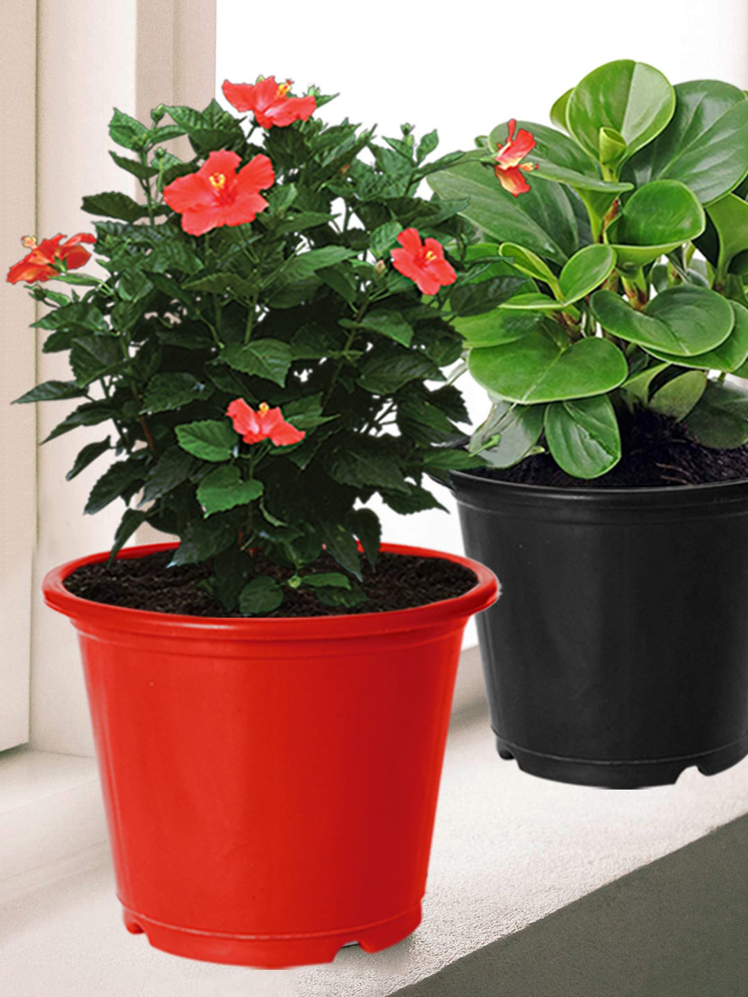 Kuber Industries Red & Black 3 Pieces Plastic Flower Pot Gamla for Home Decor