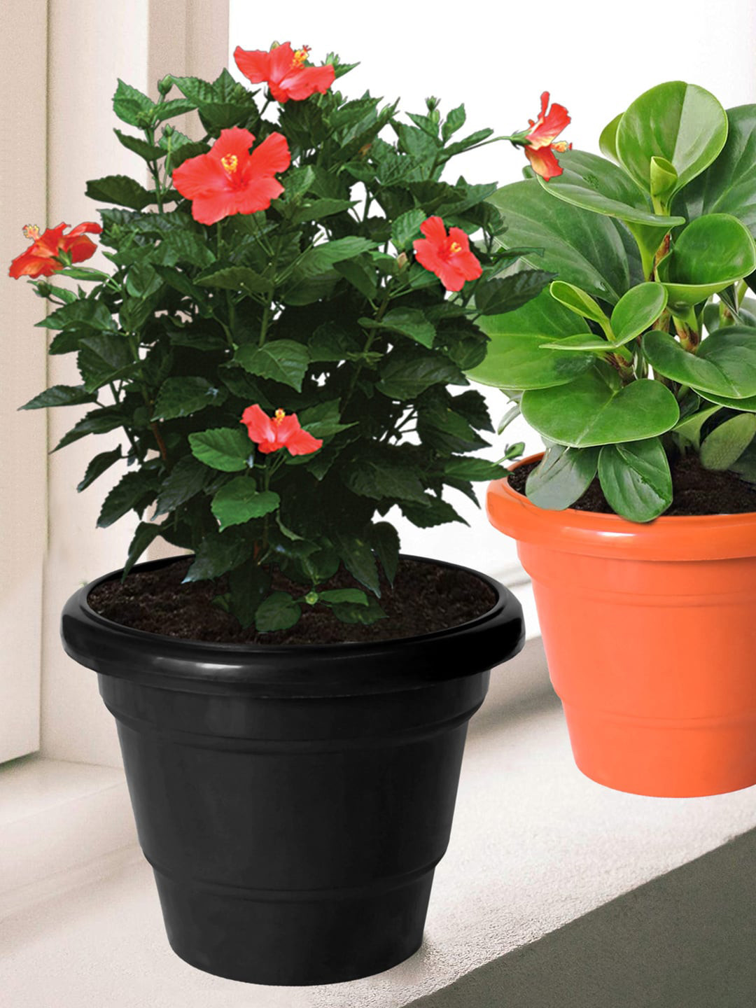 Kuber Industries Black & Green 5 Pcs 2 Layered Plastic Flower Pot Gamla for Home Decor