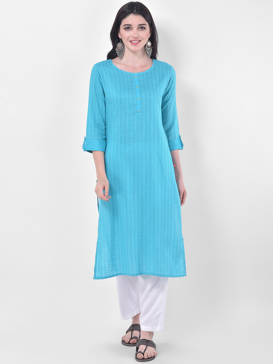 Span Geometric Printed Roll Up Sleeves Pure Cotton Kurta