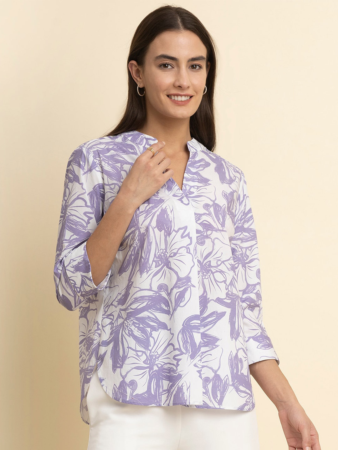 FableStreet Floral Printed Mandarin Collar Regular White Top