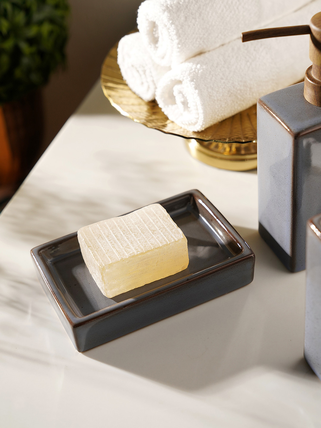 Pure Home and Living Grey & Brown Glazed Stoneware Soap Dish